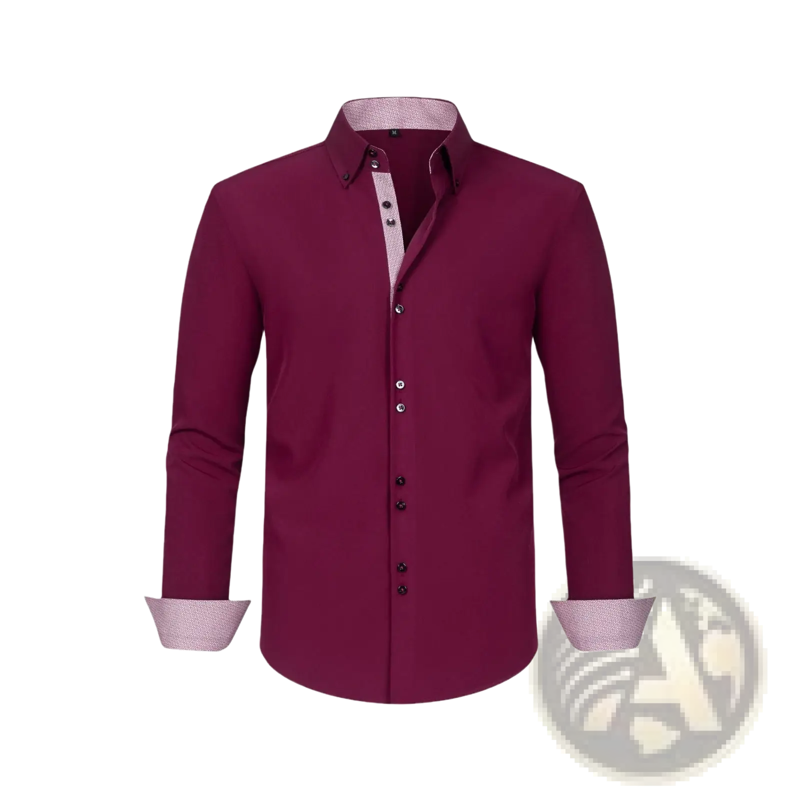 A men’s burgundy stretch colorblock dress shirt with black buttons and subtle patterned inner collar and cuffs