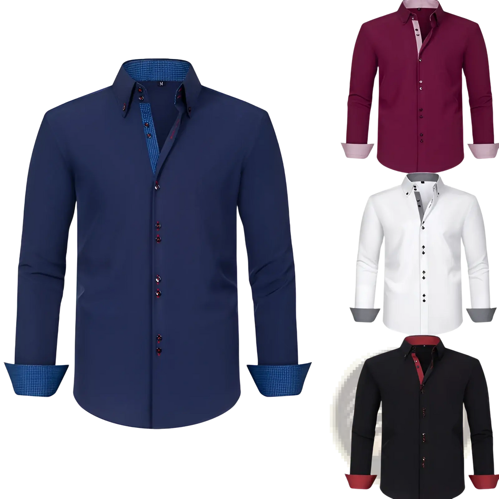 Navy blue stretch colorblock long-sleeved dress shirt with contrasting patterned inner collar and cuffs