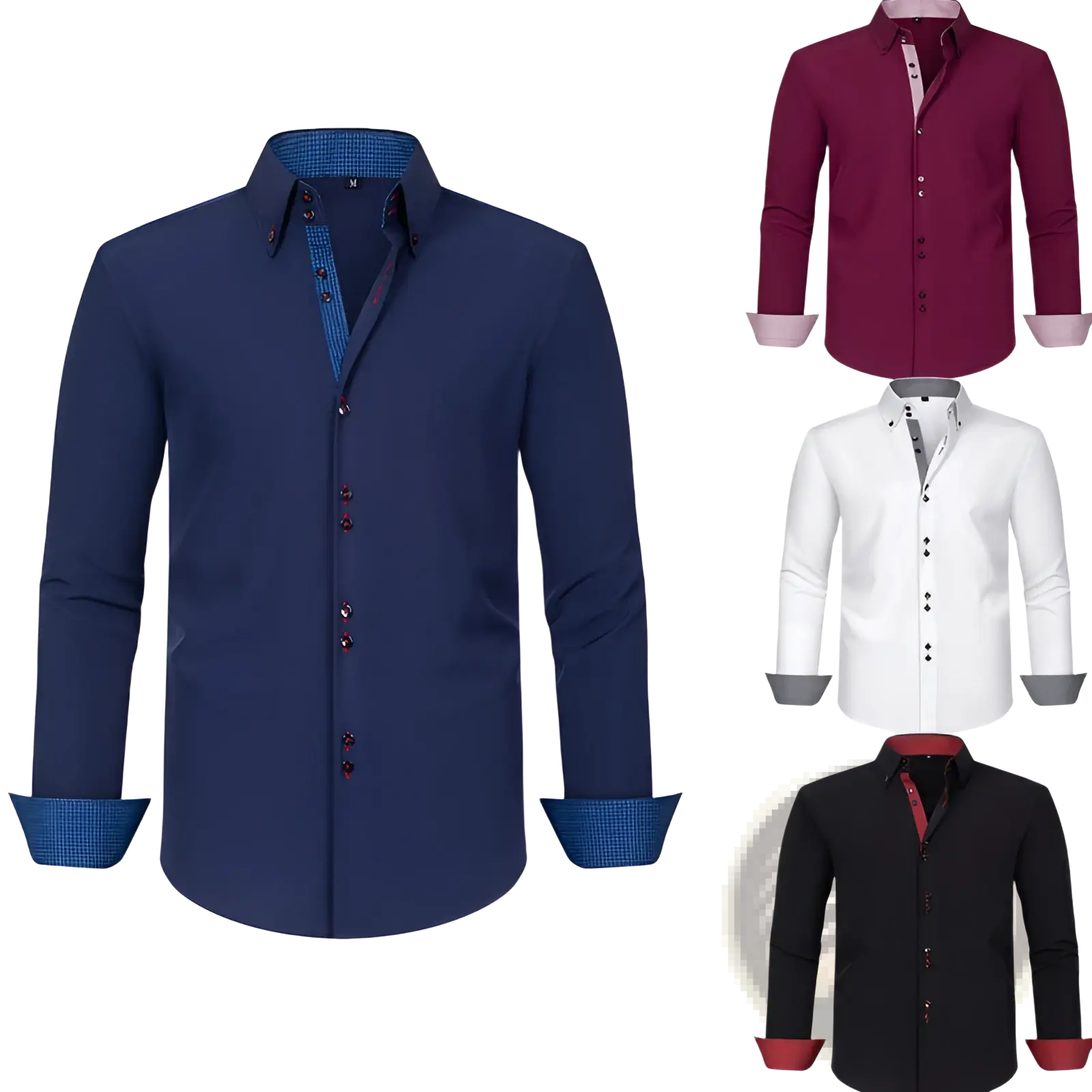 Navy blue stretch colorblock long-sleeved dress shirt with contrasting patterned inner collar and cuffs