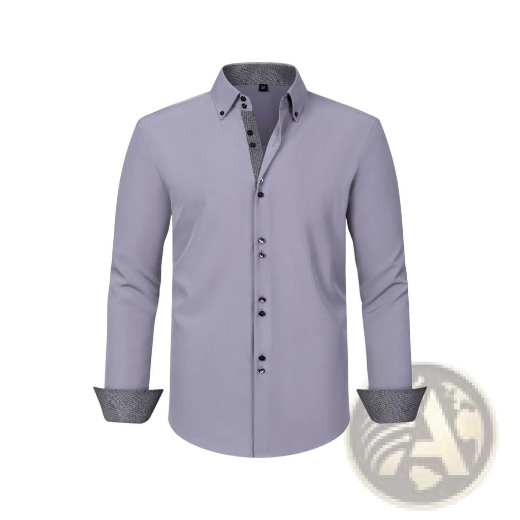 A sleek light gray stretch colorblock dress shirt featuring subtle textured inner collar and cuffs for men
