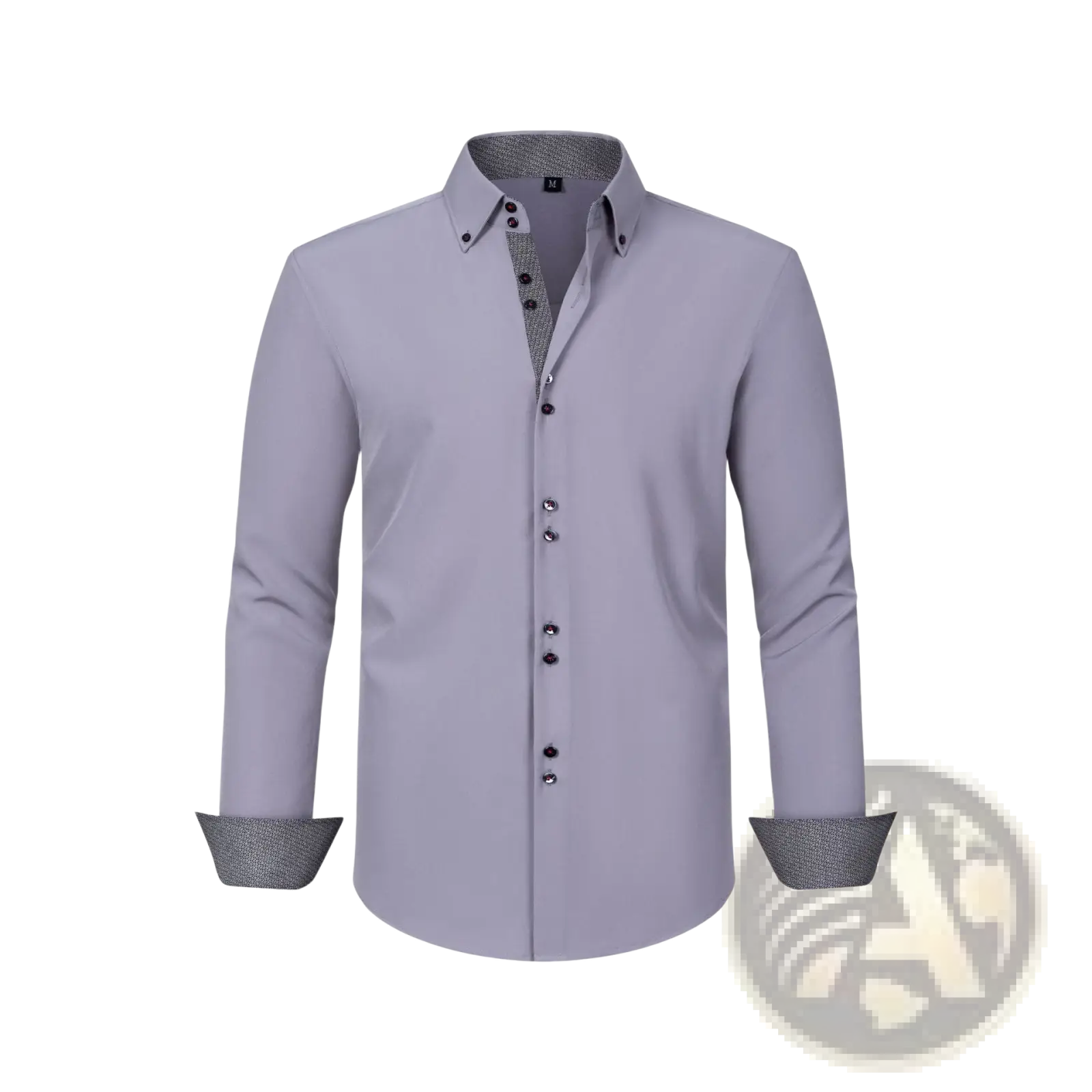 A sleek light gray stretch colorblock dress shirt featuring subtle textured inner collar and cuffs for men