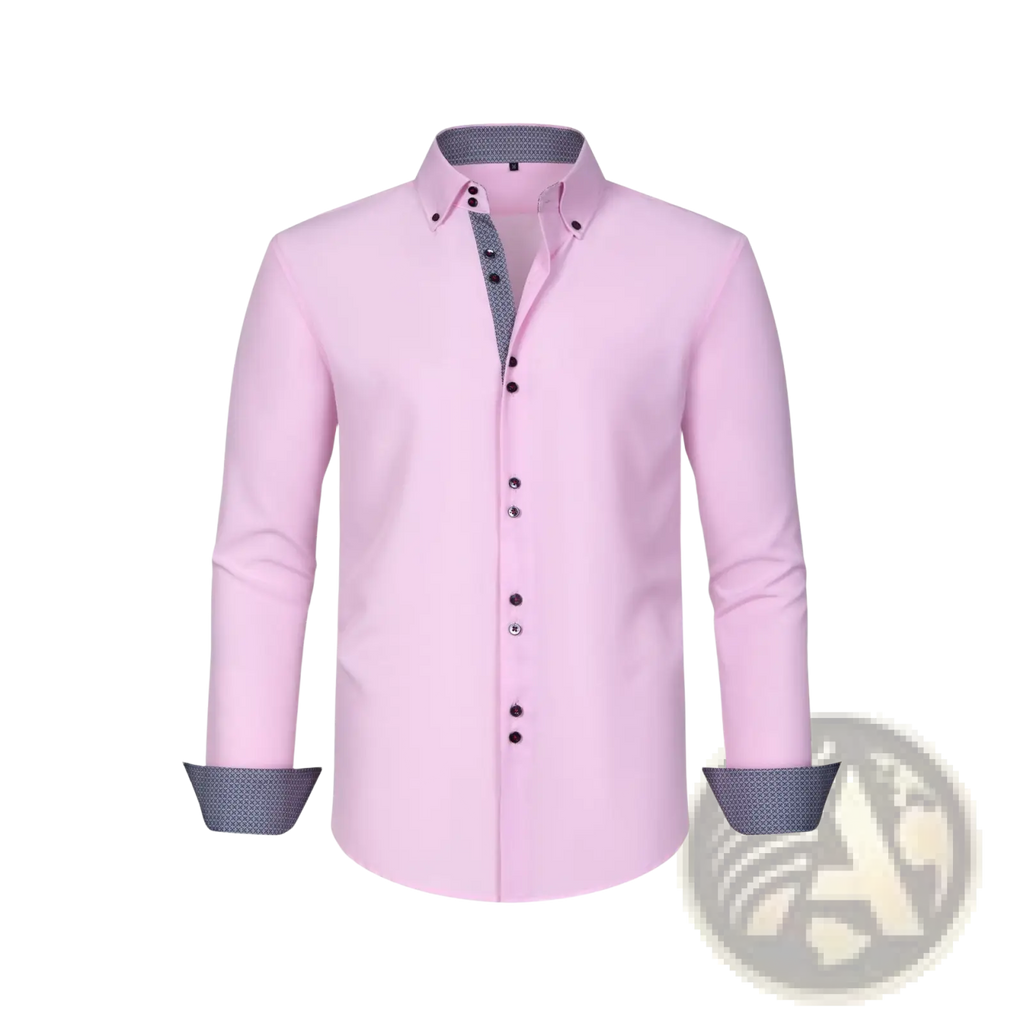A sleek pink stretch colorblock dress shirt with long sleeves and subtle dark gray textured collar and cuffs
