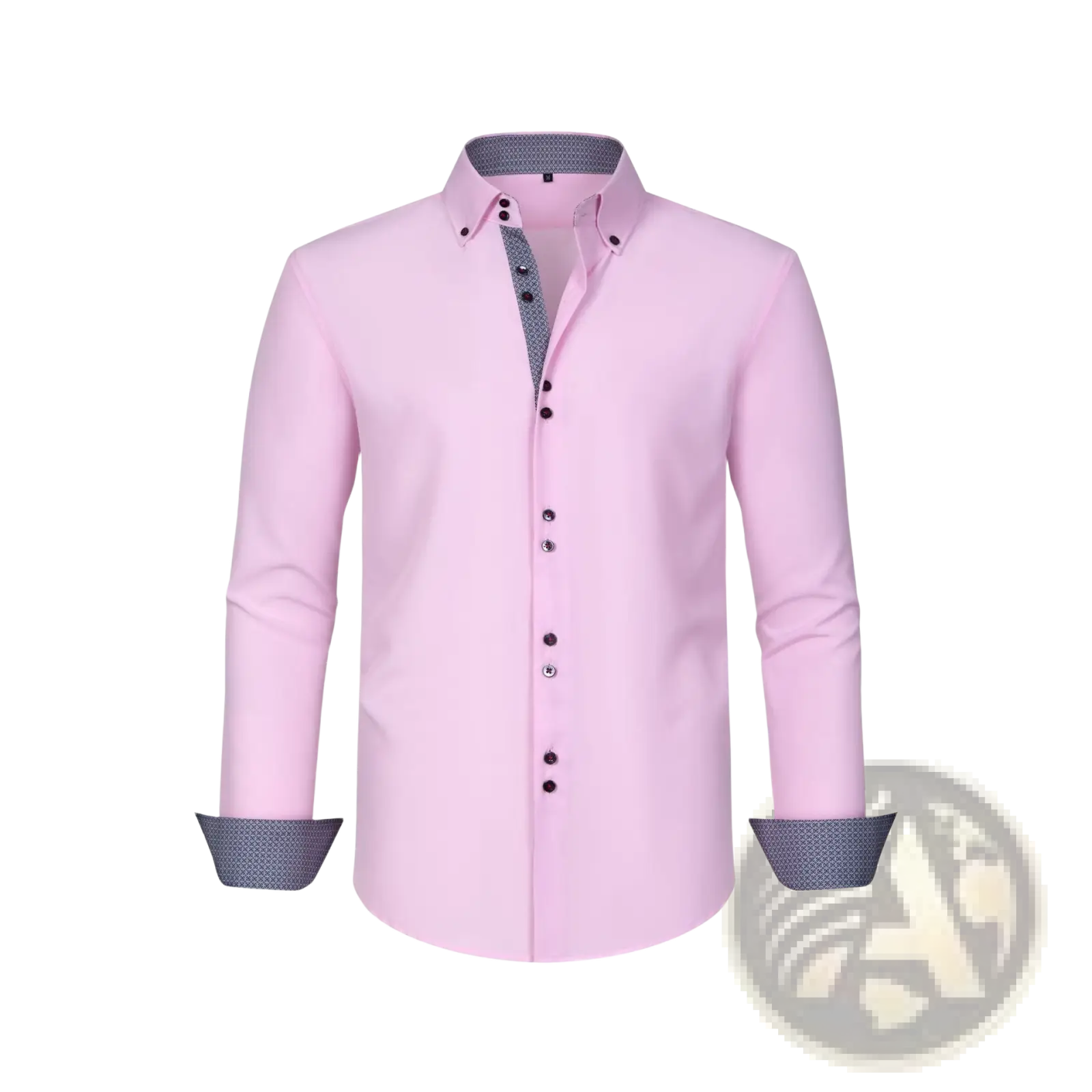 A sleek pink stretch colorblock dress shirt with long sleeves and subtle dark gray textured collar and cuffs
