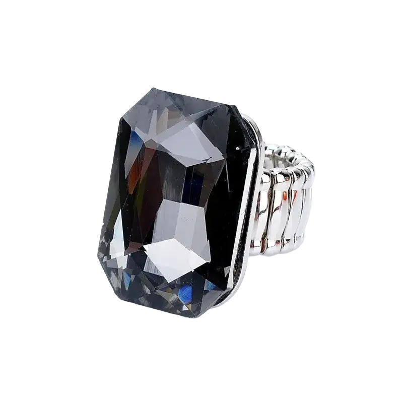 Stretch crystal statement ring for women featuring a black rectangular crystal with a silver-toned elastic band