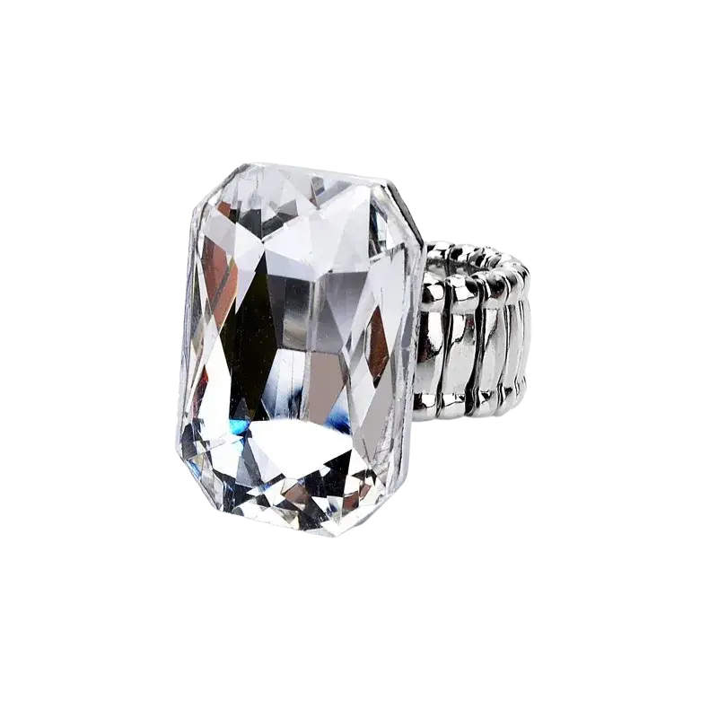 Stretch crystal statement ring for women with a sparkling rectangular stone on an adjustable silver-toned band