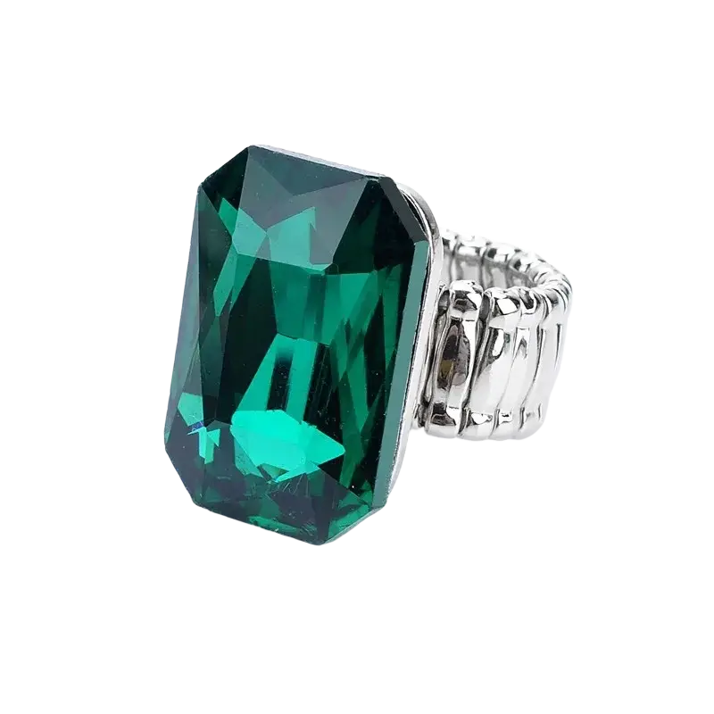 Emerald green rectangular crystal stretch statement ring for women with a silver-toned ribbed band