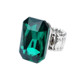 Emerald green rectangular crystal stretch statement ring for women with a silver-toned ribbed band
