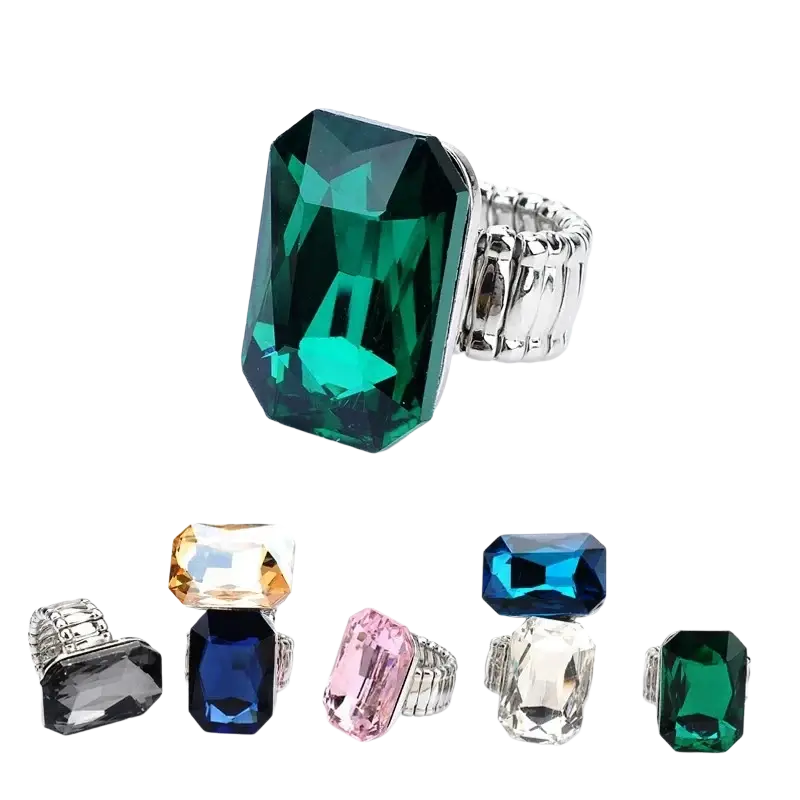 Emerald green rectangular crystal stretch statement ring for women with a silver-toned textured band