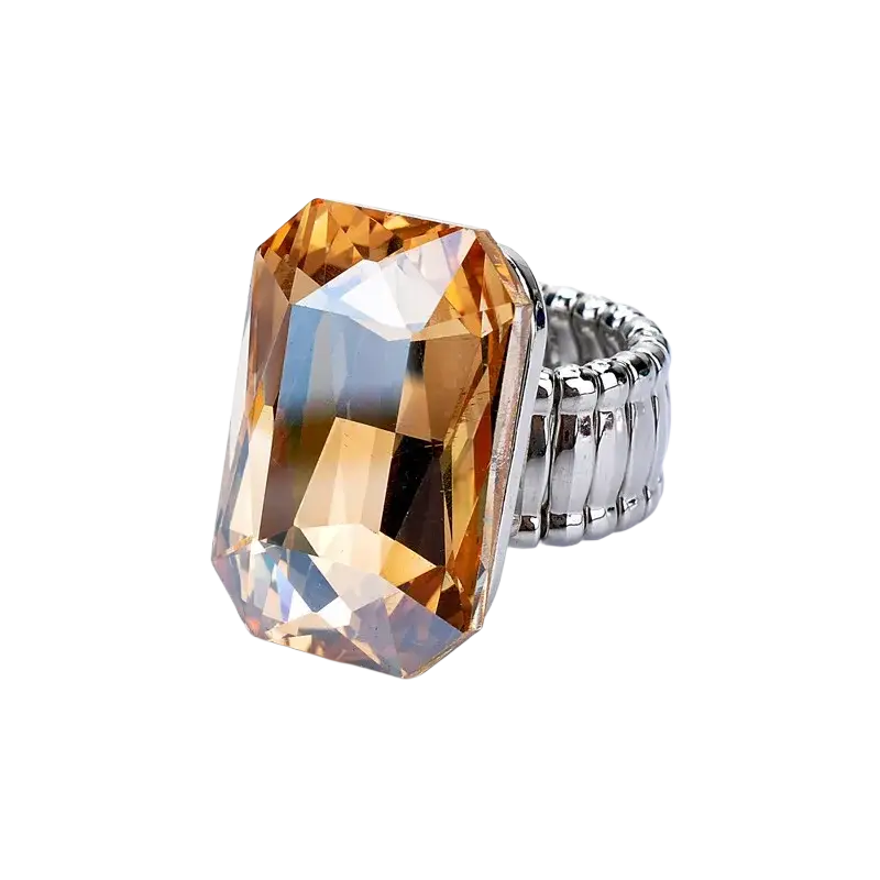Stretch crystal statement ring for women featuring a golden rectangular-cut crystal with a silver-toned flexible band