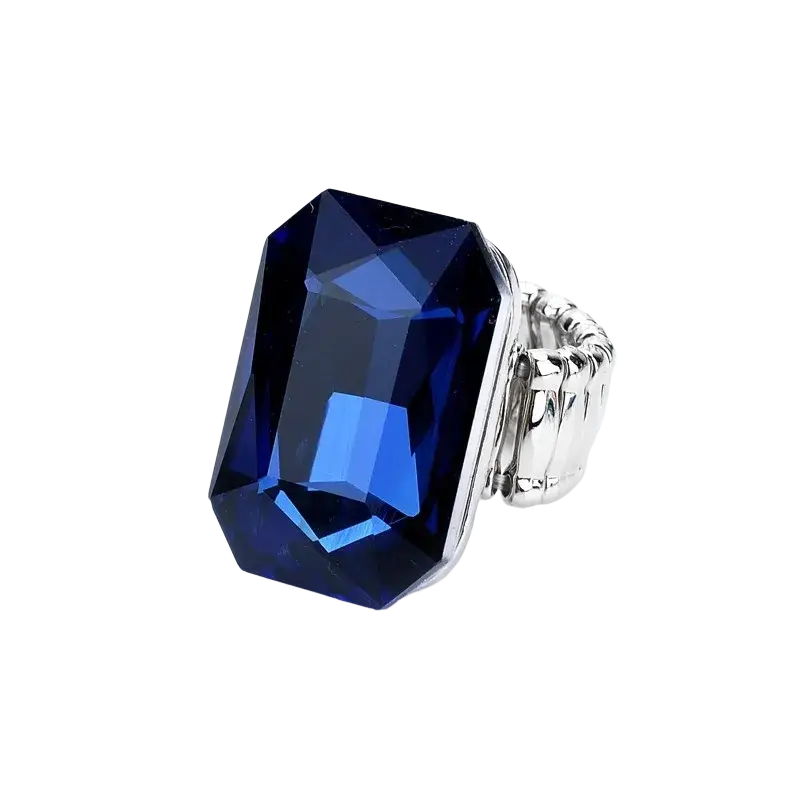 Stretch crystal statement ring for women featuring a navy blue rectangular crystal with a silver textured band