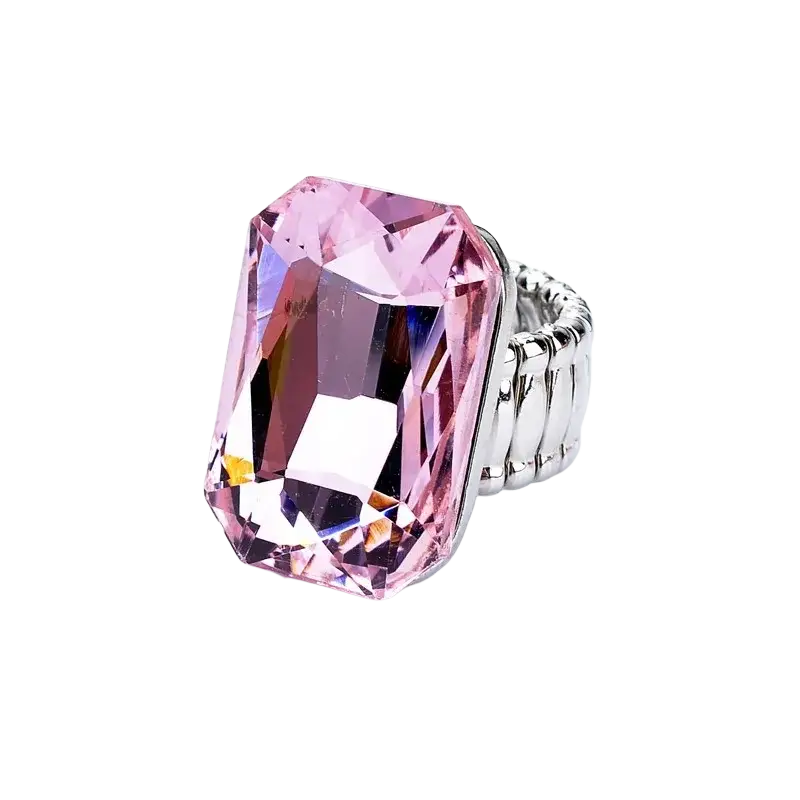 A stretch crystal statement ring for women featuring a sparkling pink rectangular crystal with a silver-toned ribbed band