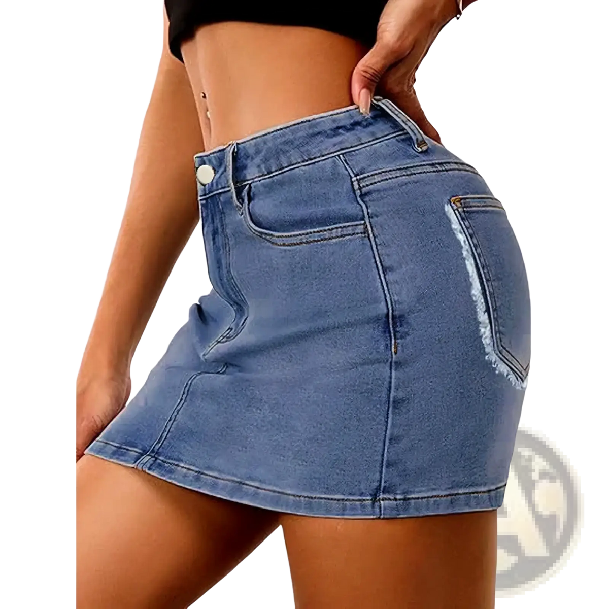 A high-waisted stretch denim mini skirt in medium blue wash with frayed back pockets and button closure shown from the back