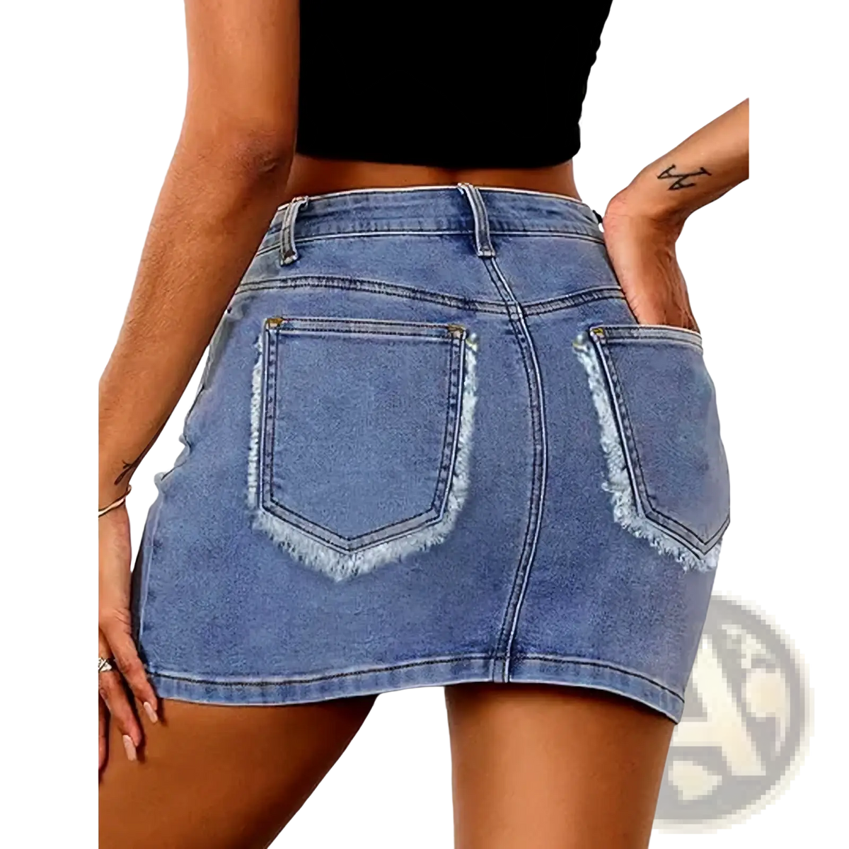 Light-wash stretch denim mini skirt with frayed ruffled hem and back pockets shown from the back side