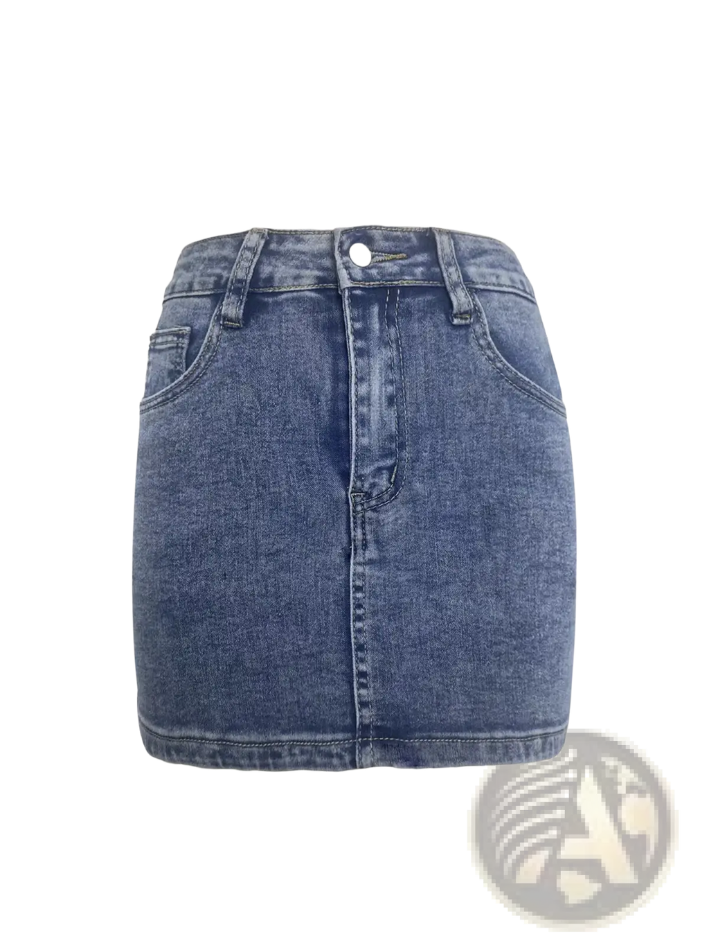 A mid-rise stretch denim mini skirt in medium-wash blue with front pockets and button closure