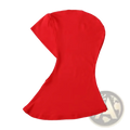 A vibrant red stretch hijab cap underscarf made of form-fitting fabric with a smooth texture and distinctive cut