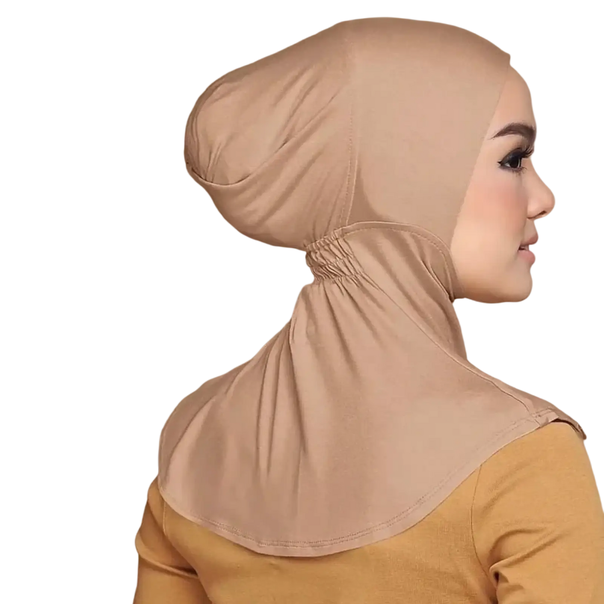 Beige stretchy stretch hijab cap under scarf with gathered neckband and smooth seamless fabric for comfortable wear