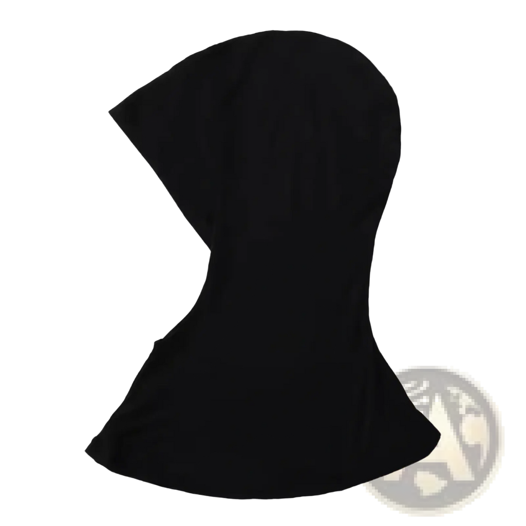 Black stretch hijab cap under scarf made of smooth, form-fitting fabric shown from the back side