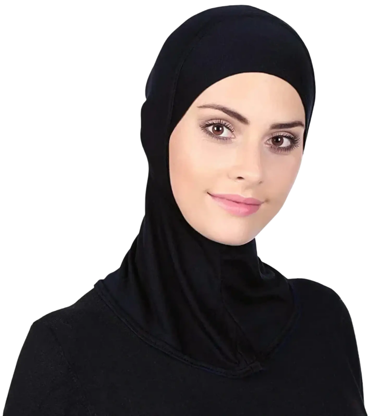 Black stretch hijab cap under scarf with soft textured fabric and sleek form fitting design for comfortable wear