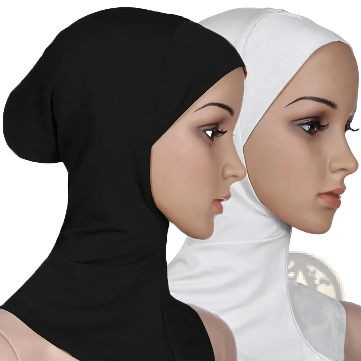Black and white stretch hijab caps under scarf displayed on mannequin heads showcasing comfortable breathable fabric