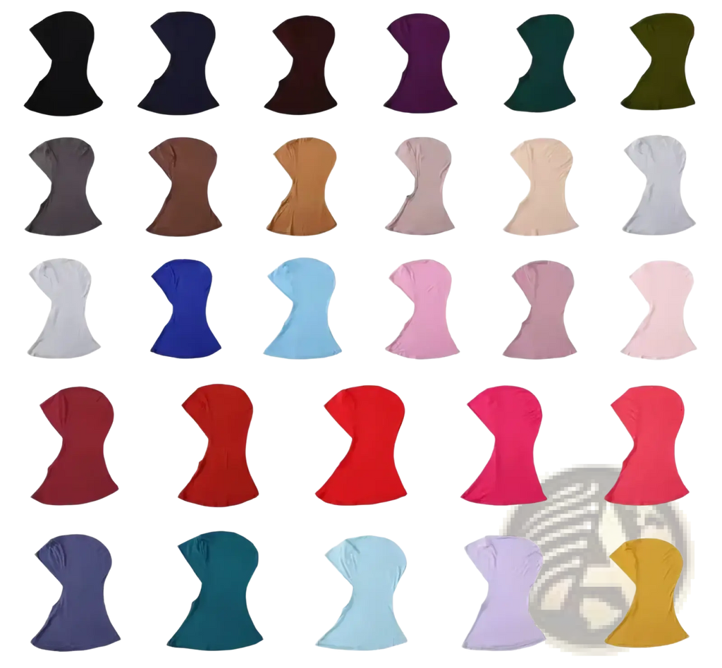 A collection of soft stretchy stretch hijab cap under scarves in various solid colors including black and navy