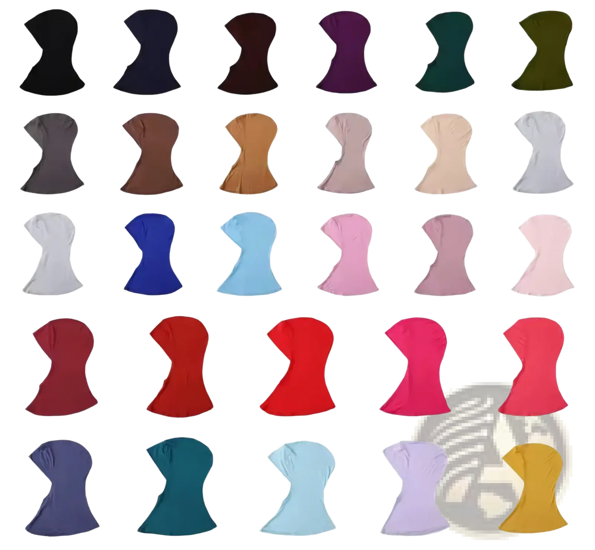 A collection of soft stretchy stretch hijab cap under scarves in various solid colors including black and navy