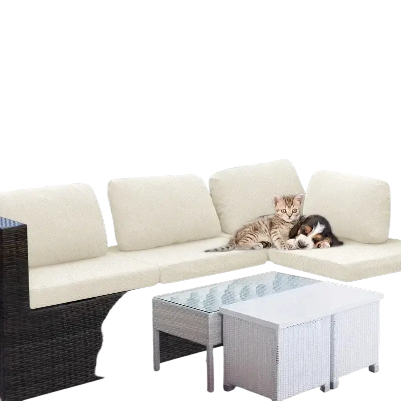 Beige cushioned outdoor sectional sofa with dark brown woven wicker frame featuring stretch sofa cushion cover 65-95cm thickness 5-20cm