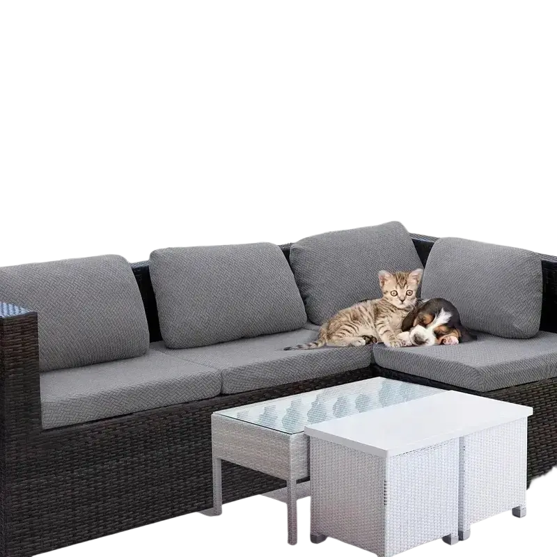 Dark brown wicker outdoor sectional sofa with gray textured cushions and stretch sofa cushion cover 65-95cm thickness 5-20cm