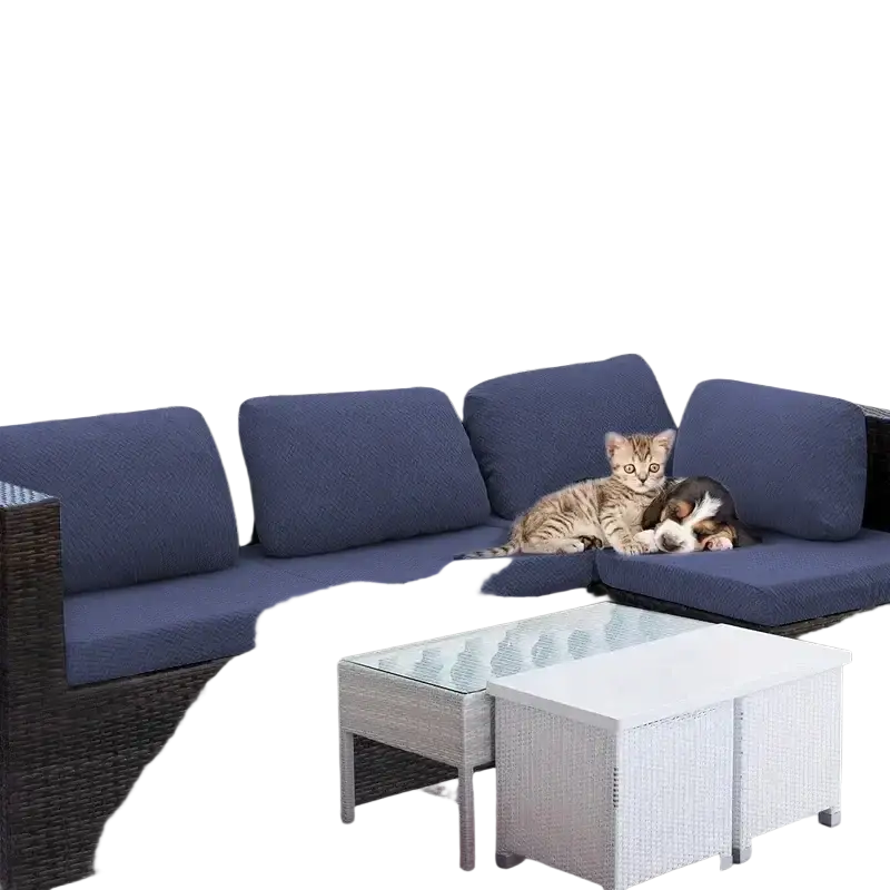 Dark brown wicker outdoor sectional sofa with navy blue cushioned seating featuring stretch sofa cushion cover 65-95cm thickness 5-20cm