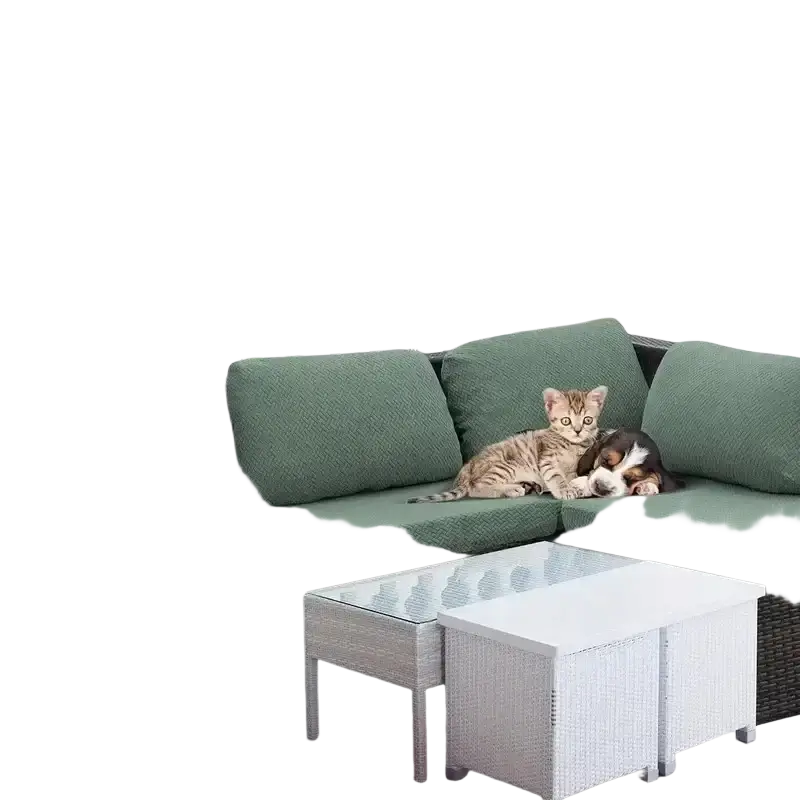 Dark brown wicker outdoor sectional sofa with green textured cushions featuring a stretch sofa cushion cover 65-95cm thickness 5-20cm