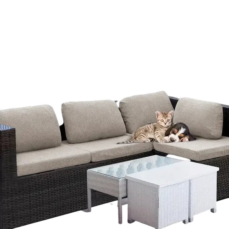 Dark brown woven wicker outdoor sectional sofa with beige textured cushions and stretch sofa cushion cover 65-95cm thickness 5-20cm