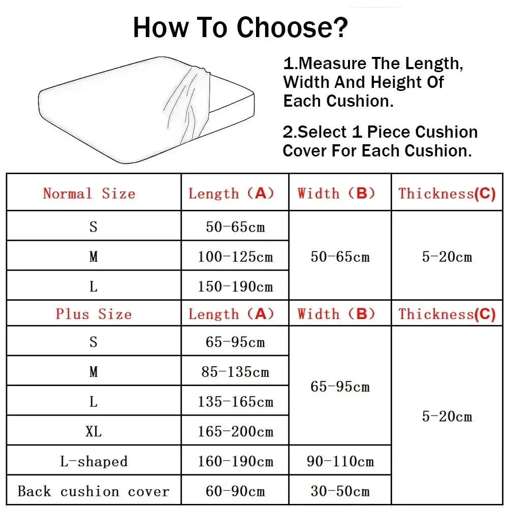 Cushion cover size chart for stretch sofa covers measuring 65-95cm width and thickness 5-20cm including plus and l-shaped sizes