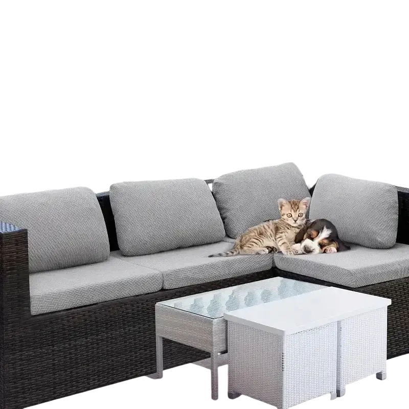 Gray textured cushioned outdoor sectional sofa with dark brown wicker frame featuring stretch sofa cushion cover 65-95cm thickness 5-20cm