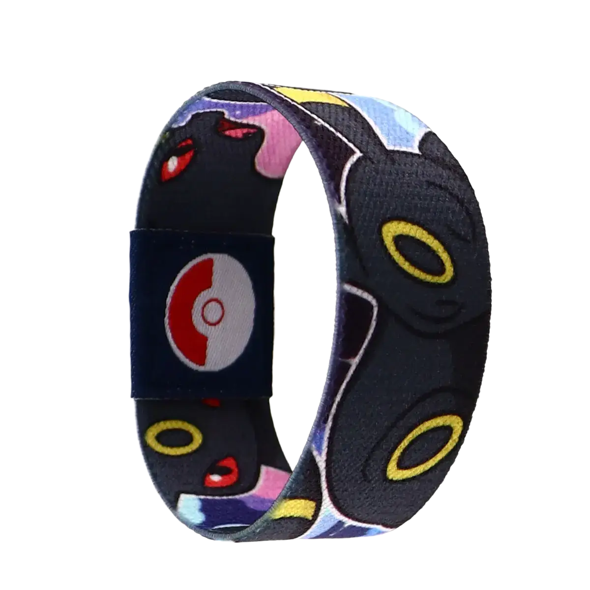 Black stretch wristband bracelet featuring colorful mewtwo cartoon design with red eyes and navy strap with poké ball logo