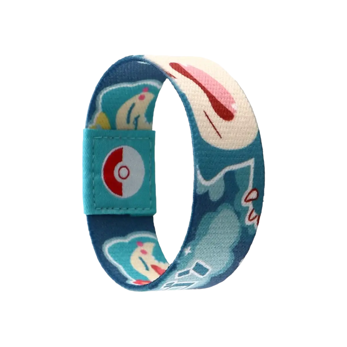 A blue fabric stretch wristband bracelet featuring cartoon Pokémon bellsprout and a red-and-white poké ball logo closure