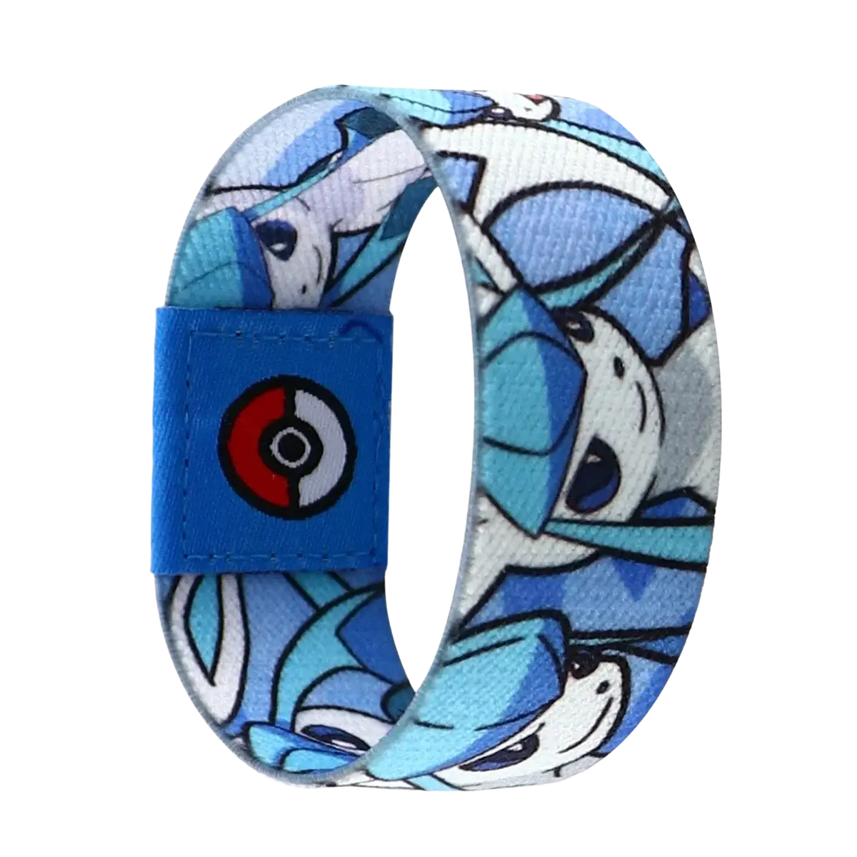 Blue stretch wristband bracelet featuring vaporeon pattern with solid blue velcro closure and red white poké ball logo