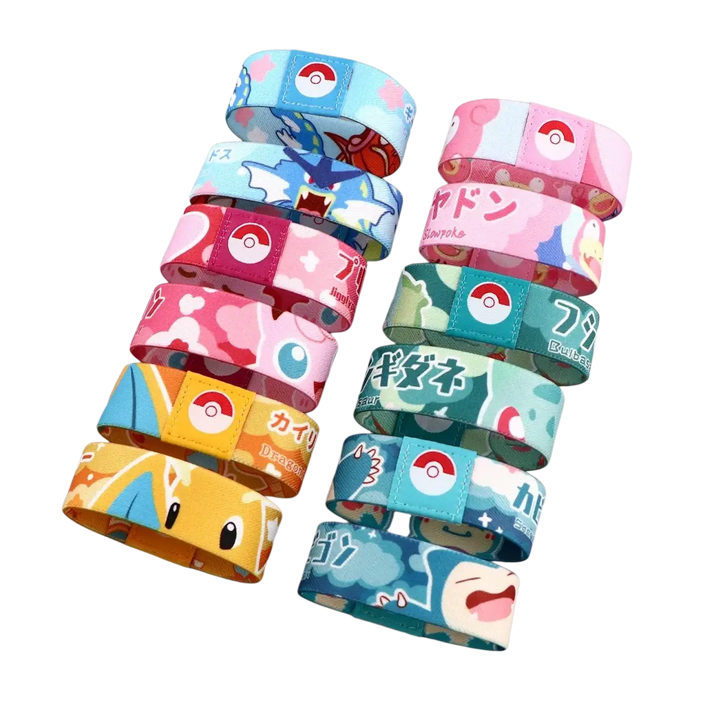 Colorful stretch wristband bracelet featuring Pokémon characters and poké ball logo in vibrant fabric hues like pink and teal