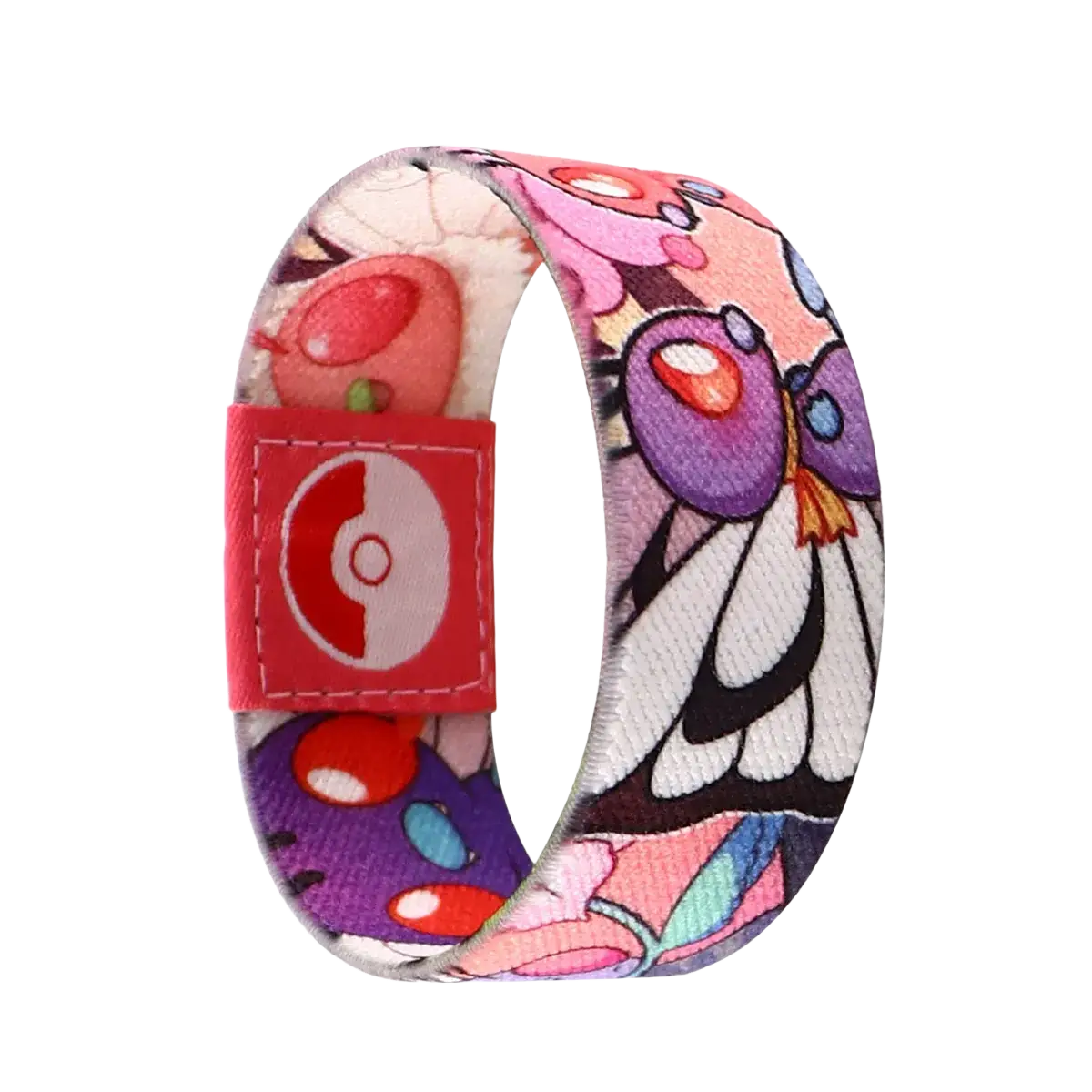 Colorful stretch wristband bracelet with vibrant cartoon Pokémon pattern and red tab featuring the poké ball logo