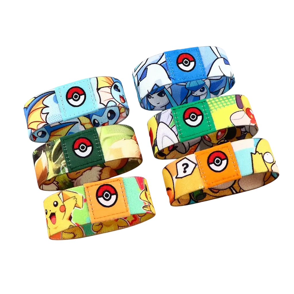 Colorful stretch wristband bracelet featuring pokémon characters and poké ball logo in vibrant fabric patchwork design