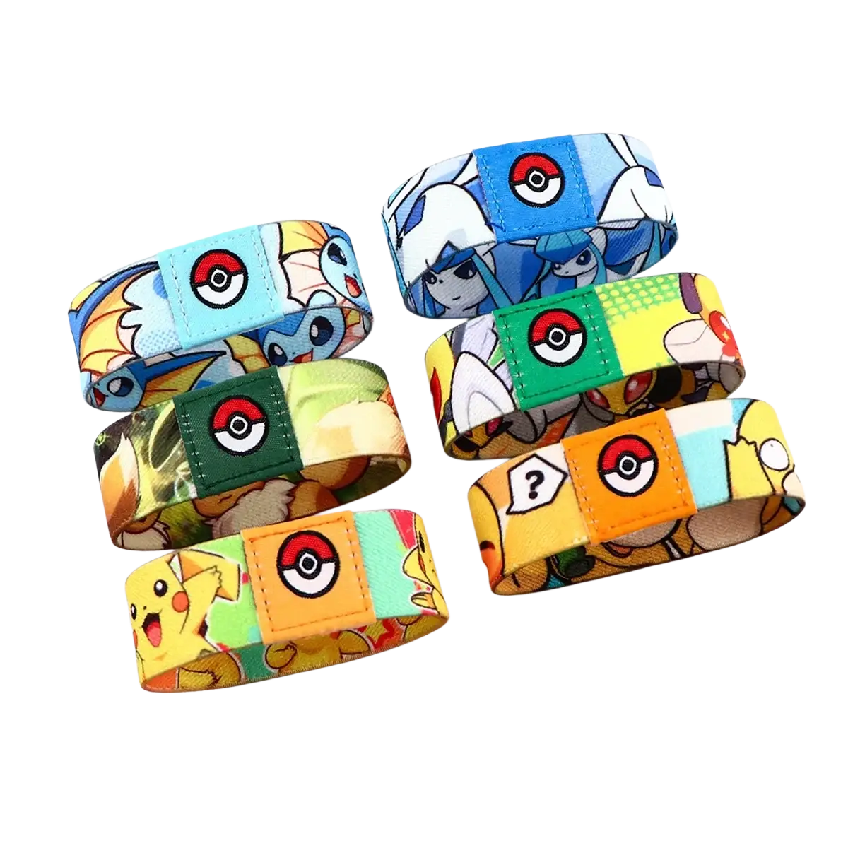 Colorful stretch wristband bracelet featuring pokémon characters and poké ball logo in vibrant fabric patchwork design