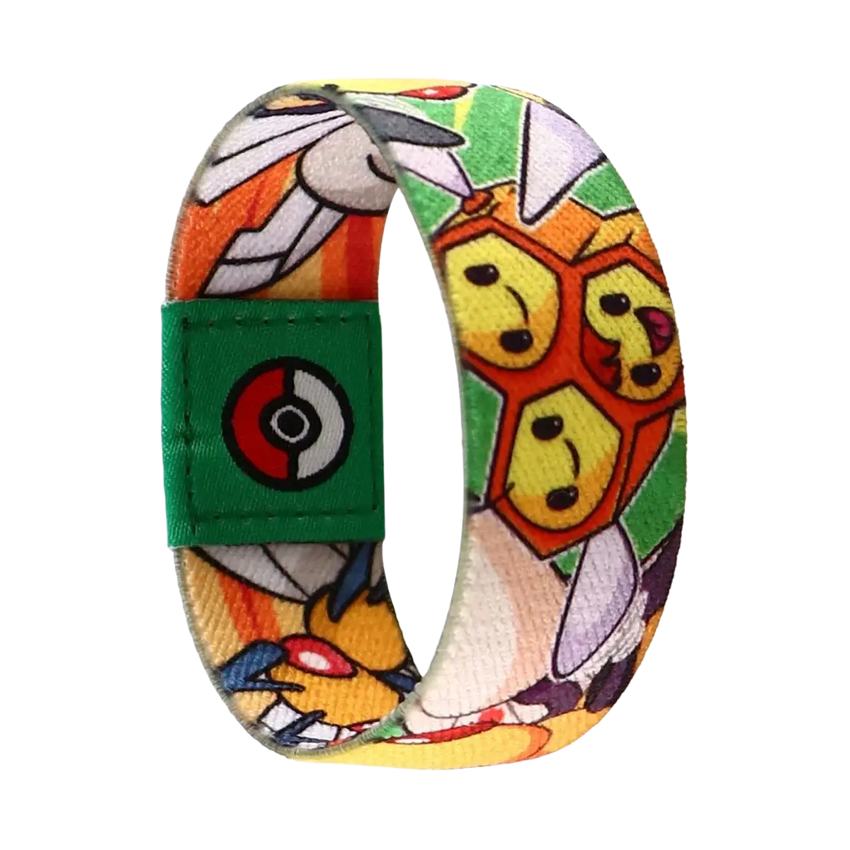Colorful stretch wristband bracelet featuring vibrant pokémon cartoon fabric design with green poké ball patch