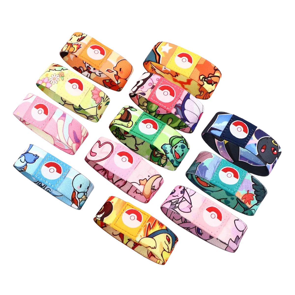Colorful stretch wristband bracelet made of fabric featuring Pokémon characters and poké ball with velcro closure