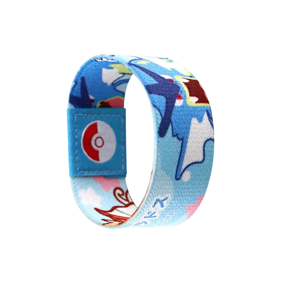 Light blue stretch wristband bracelet with a vibrant Pokémon fabric pattern and poké ball logo tab