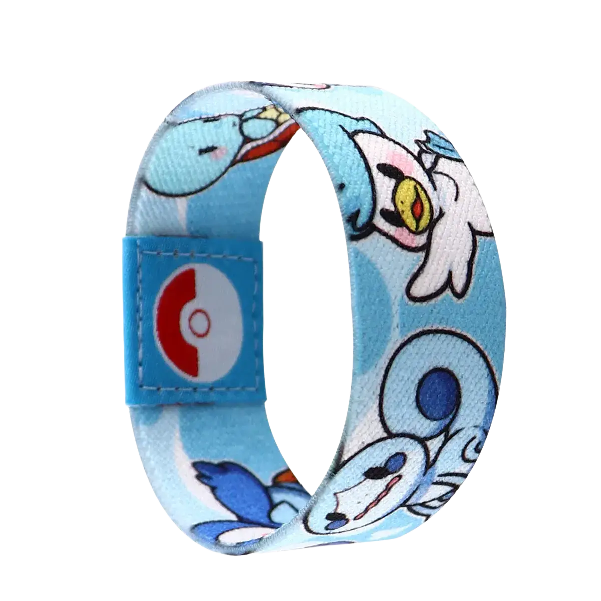 Light blue fabric stretch wristband bracelet featuring cartoon pokémon characters and red and white poké ball logo strap