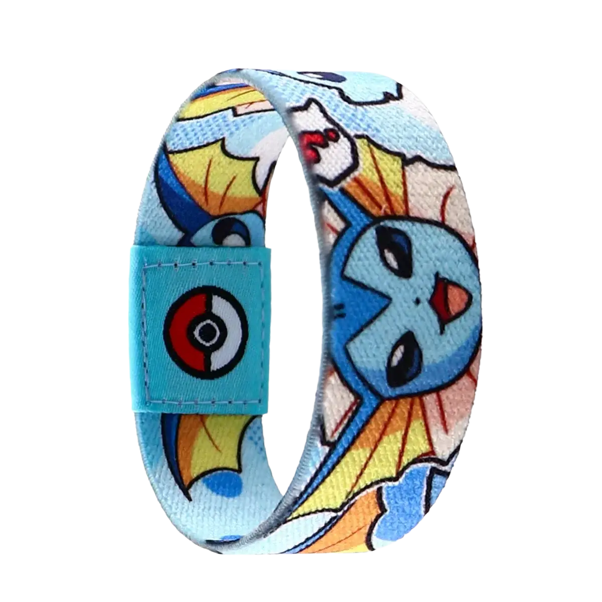 A light blue stretch wristband bracelet featuring cartoon vaporeon with yellow accents and a turquoise poké ball strap