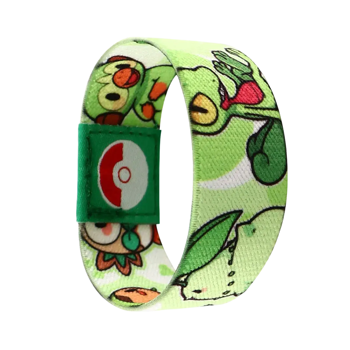 A light green stretch wristband bracelet with cartoon pokémon fabric and a green patch featuring the poké ball logo