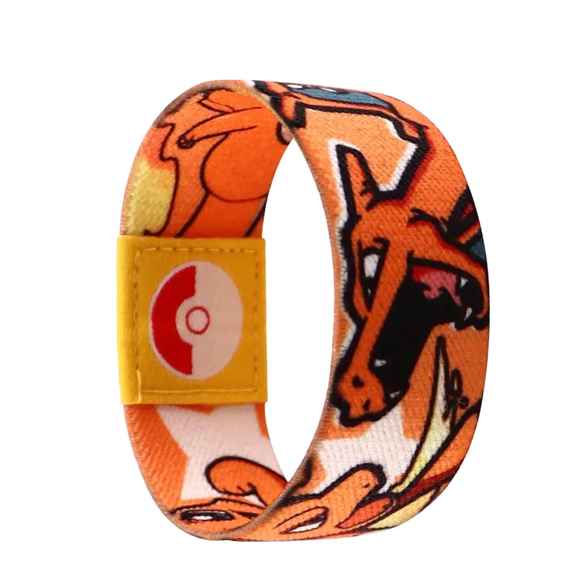 Orange and yellow fabric stretch wristband bracelet featuring a charizard design and a yellow tab with poké ball logo