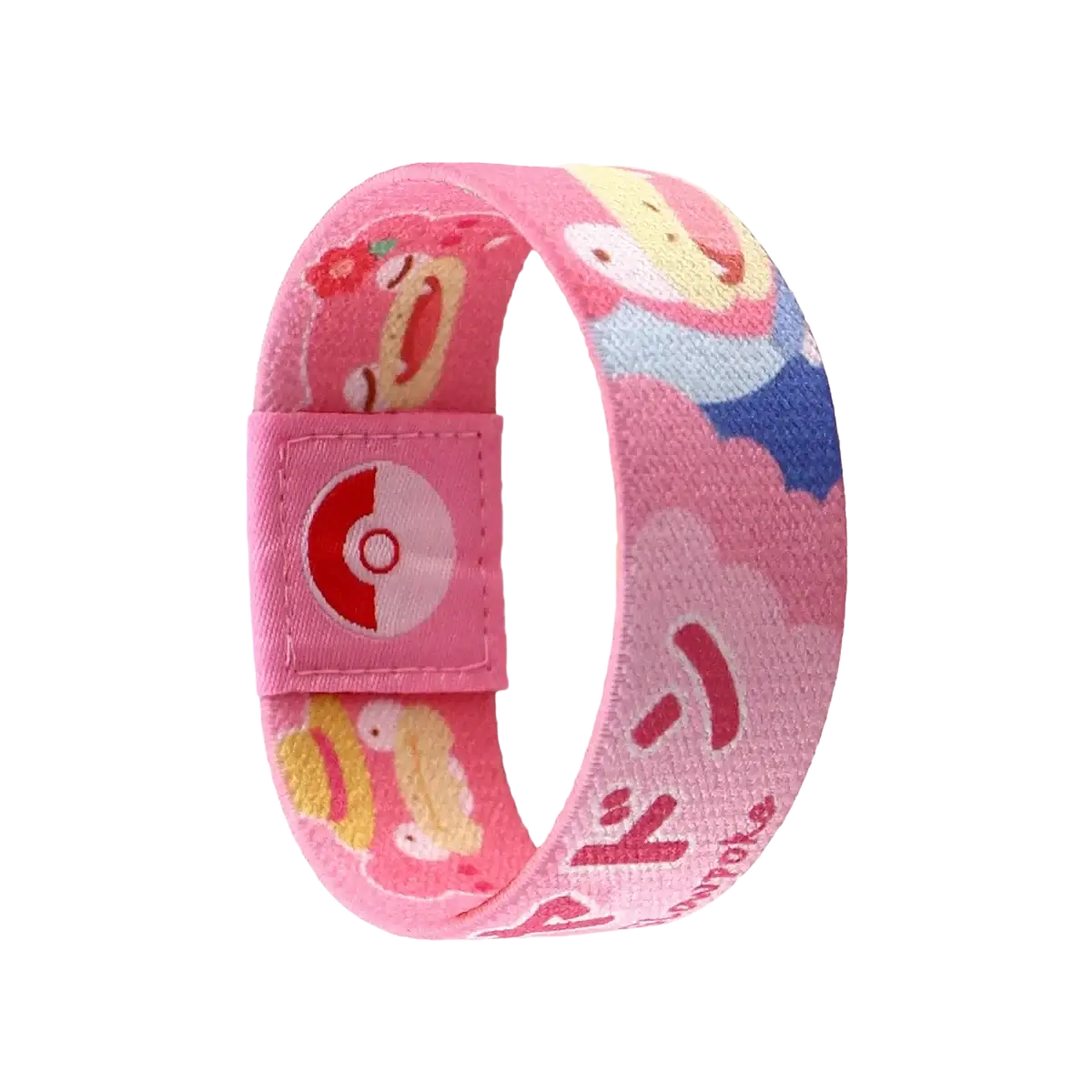 Pink stretch wristband bracelet made of fabric with cartoon Pokémon characters and Poké Ball logo closure