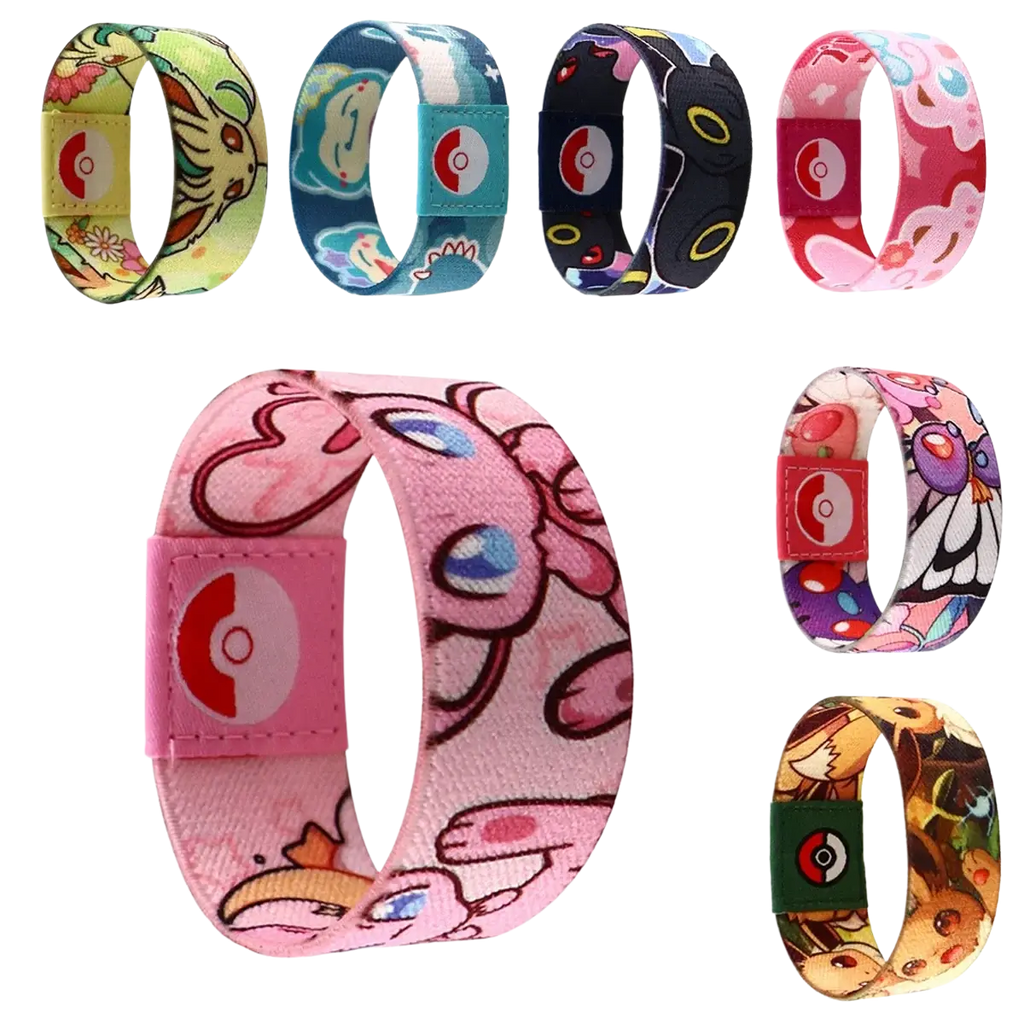 Pink stretch wristband bracelet featuring cartoon pokémon fabric design with red and white poké ball logo on strap