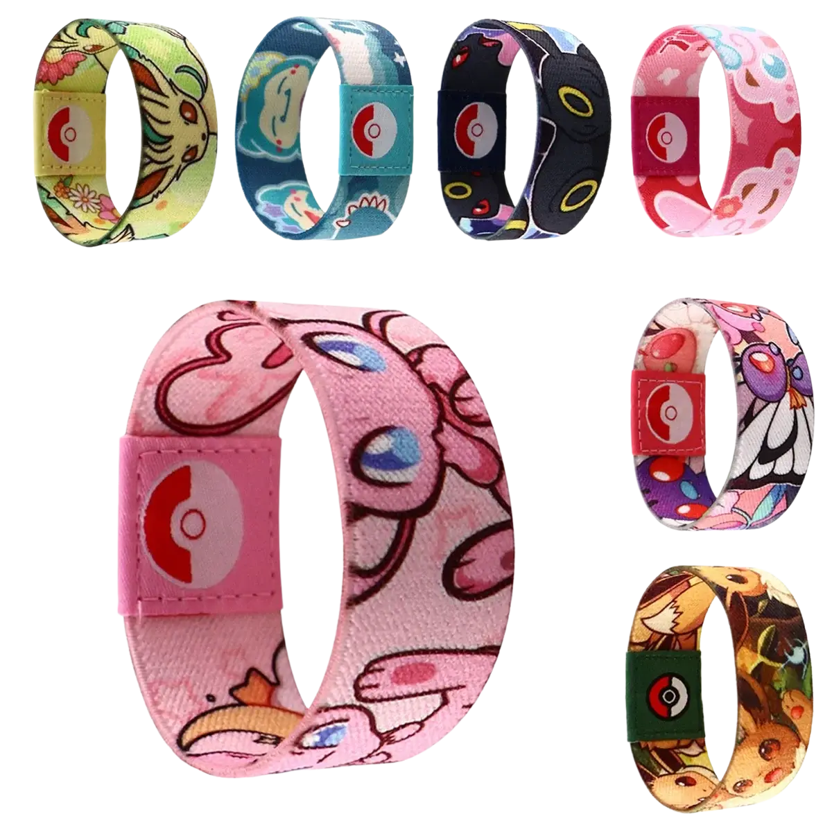 Pink stretch wristband bracelet featuring cartoon pokémon fabric design with red and white poké ball logo on strap