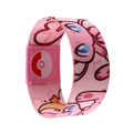 Pink stretch wristband bracelet featuring jigglypuff cartoon design with blue eyes and poké ball logo on adjustable fabric strap
